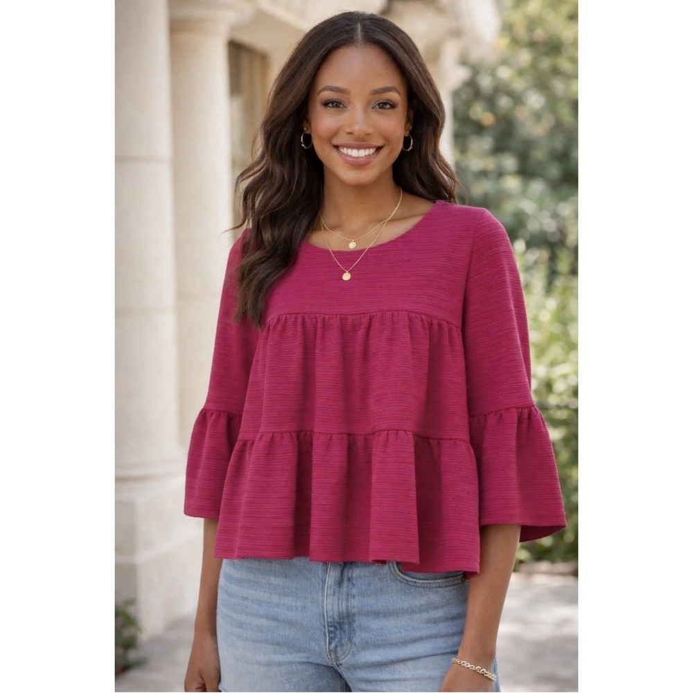 J Crew Top Women's Small Berry Pink Button Back Tiered Bell 3/4 Sleeve Preppy